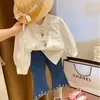 Clothing Sets 2023 Girls Apring Autumn Two Piece Short Jeans Flower Embroidery Lovely Outdoor Fashion All-match Vacation