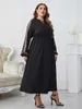 Plus -klänningar Moslem Casual Dress Woman 2023 Autumn V Neck Short Sleeve Party Maxi Long Solid Black Curvy Clothing