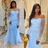 Off Shoulder Sky Blue Bridesmaid Dresses Tulle Wedding Guest's Dress Gorgeous African Women Outfit For Bride Appliced ​​Lace Pärled sjöjungfru Fantastisk promklänningar B145