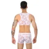 Boxers sexy de renda transparente masculino malha meia regata ver através de shorts vazados top lingerie erótica cmf281