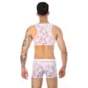 Boxer Sexy en dentelle transparente pour hommes, demi-débardeur en maille, short transparent, haut ajouré, Lingerie érotique, CMF281