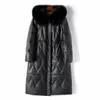 Manteau en cuir véritable avec capuche hiver Long col en fourrure de renard veste en duvet d'oie Parkas épais chaud femmes vêtements coupe-vent noir