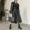 Women's Jackets Lautaro Long oversized leather trench coat for women long sleeve lapel loose fit Fall Stylish black women clothing streetwear 231123