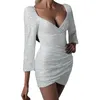 Casual Dresses Women Sexy Sparkly Asymmetric Party Dress Silver V-neck Long Sleeve Bodycon Prom Sequin Backless Chic Short Evening Gown