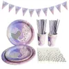 New Mermaid Disposable Tableware Set Little Mermaid Paper Plates Cup Tablecloth Table Cover Kids Mermaid Birthday Party Decoration