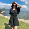 Women's Swimwear Puku Juzg Swimsuit Women 1 Piece Korean Large Size Chest Gatherd Short Sleeves Dress Style Conservative Bikini 2023