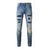 Men's Jeans Men Crystal Stretch Denim Streetwear Painted Patch Skinny Tapered Pants Holes Ripped Distressed Trousers