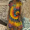 Casual Dresses Women's 2023 Summer V Neck Tshirt Tie-Dye Short Sleeve Boho Beach and Party Mini DressCasual