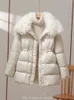 Women's Trench Coats Winter Women Faux Lamb Wool Collar Lapel Drawstring Coat Lady Casual White Duck Down Midi Puffer Parka Outwear