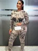 Fall Two Piece Pants Sets Streetwear Tracksuits Women Long Sleeve Print Top High Waist Suits Mesh Black Matching Outfits