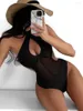 Vrouwen Badmode Sexy Mesh Hollow Out Beugel Vrouwelijke Eendelig Badpak Vrouwen Bader Backless Bikini Hoge Cut Badpak Swim Lady