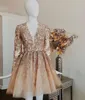 Party Dresses Long Sleeve Champagne Lace Short Cocktail Gowns Prom Dress Sexy V Neck Homecoming Custom Made