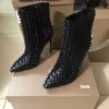 Mulheres de luxo botas pontiagudas rebites cheios de salto alto vermelho brilhante bottoms tornozelo bota preto fosco botas de couro salto fino 8cm 10cm 12cm designer com saco de pó 36-42