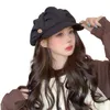 Wide Brim Hats Women Small Pleated Beret Hat Autumn Winter Solid Color Extended Buttons Decor Octagonal Warm Streetwear