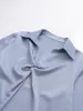 Chemisiers pour femmes chemises femmes à manches longues bleu Satin printemps automne col rabattu plis décontracté dames hauts 2023 femmes