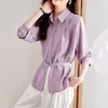 Blusas femininas elegantes e jovens camisa roxa para mulheres amarrar a cintura esbelta 2023 Blusa feminina elegante da primavera