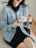 Womens Jackets CJFHJE Long Sleeve Fashion Tweed Women Spring Autumn Classic Coats Female Plaid Blue Loose ONeck Elegant Lady 231123