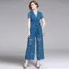 Jumpsuits voor dames rompers blauwe korte mouw v-neck holle out kanten dames jumpsuit zomer kantoor dame elegante hoge taille wijd been sexy met