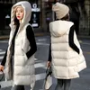 Coletes femininos colete jaqueta para baixo algodão outono inverno com capuz longo casaco sem mangas solto feminino colete neve wear 231122