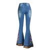 Damen-Jeans, schlankmachende Denim-Hosen, Stickerei, schwere Industrie, Sommer-Patchwork-Flare, hoch tailliertes Design