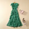 2024 Spring Black Solid Color Ruffle Floral Lace Dress Green Cap Sleeve V-Neck Panelled Midi Casual Dresses S3N161116