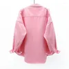 Damesblouses Denim shirts met lange mouwen Dames Roze Wit Gebogen zoom Mode 2023 Trend Losse jas Herfst Tops Koreaans Stijlvol Grote zak