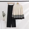 Women's Pants Winter Knitted Wide Leg Sweater Set Fashion Autumn Elastic Contrast Color Casual Loose Two Piece For Women Outfits