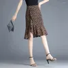 Saias 2023 leopardo-impressão chiffon vestido irregular cintura alta um passo pacote quadril médio longo fino fishtail saia roupas para mulheres