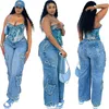 Kvinnors jeans gotoola casual 3-dimensionell flerficka byxor solida färg raka ben byxor knappar hip hop lady denim länge