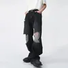 Mäns jeans koreanska män baggy mode gata hål design överdimensionerad rak denim byxa retro hajuku svart breda benbyxor 231122