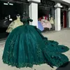 Emerald Green Shiny Ball Gown Quinceanera Dresses Appliques Flower Beads Off the Shoulder Sweet 16 Dress Vestido De 15 Anos Lace-Up