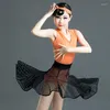 Stage Draag Latin Dance Dress Girls Tango Rumba Cha Samba Salsa Oefen kleding Oranje mouwloze Bodysuit Zwart Mesh Rok DN6157