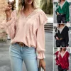 Kvinnors blusar Spring Autumn Office Ladies Chiffon Blue Long Sleeve Ruffled V Neck Shirt For Women Elegant Clothing Trendy mångsidig