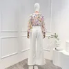 Pantalon deux pièces femme 2023 arrivée Top qualité bouton fleuri dentelle Patchwork chemisier en soie et lin blanc ceinturé jambe large femmes ensemble