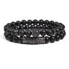 Brin 8mm Charme Perles Bracelet Pour Hommes Femmes Noir Mat Onyx Pierre Naturelle 2 Pcs Couronne Roi Bracelets Ensemble Or Couleur Cubique Zircone