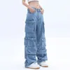 Women's Jeans Pocket Solid Color Overalls Jean's Y2K Street Retro Loose WideLeg Couple Casual Joker Mopping Pant 231122