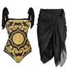 Women's Swimwear Retro Black Gold Color Matching Printed One-piece Swimsuit Sexy Beach Fashion Strap Cover-up Blouse Pre-sale 2023