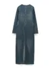 Robes décontractées de base Robe Maxi à manches longues fente femme épissure Denim col rond été élégant fermeture éclair Jean Robe Midi 231123