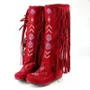 Botas moda estilo étnico chinês pele de carneiro senhoras borla salto plano joelho alto tamanho 34 48 231123