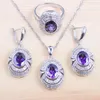 Necklace Earrings Set Russian Style Zirconia Wedding Jewelry Purple Crystal Pendants Earring Ring For Women Luxury Party QZ099