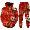 Erkeklerin Trailtsits Komik Noel Baba 3d baskı kapüşonlu eşofman pantolon 2 adet gündelik Noel partisi sweatshirt kapüşonlu insan için set