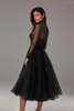 Robes de fête Eeqasn Black paillette tulle cour court bal manches longues - Longueur robes de soirée