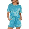 Women's Shorts Women 2PC T-shirt/shorts Set Loose Tie-Dye Short Sleeve Tops Drawstring Lace-up Pants Homewear Lady Yoga Sport Tracksuit