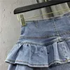 Gonne Harajuku Girl Vita alta Monopetto Ruffles Torta Gonna di jeans Donna Estate Jeans sexy Gonne ammaccature Gonna a pieghe Kawaii P230422