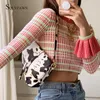 T-shirts pour femmes Bloc de couleur Plaid Rose Manches longues évasées Crop Top Automne Streetwear Kawaii Bodycon Tshirt Coréen Sexy Harajuku Doux