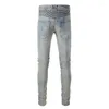 Mäns jeans män #b1051 nödställda motorcykel ribbor lapptäcke smalt rippad stretch cyklist tvättad blå denim storlek 28-40