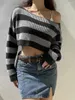 Damestruien Dames gestreepte trui Off-shoulder lange mouwen Cropped losse gebreide tops