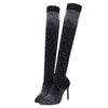 Boots Sexy Women Women's High Boots Fashion Crystal Fabric Fabric Sock Boot مدبب إصبع القدم فوق أحذية الكعب الكعب حجم 35-43 231122