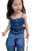 衣類セット女の子スーツサスペンダークロップトップとデニムワイドレッグパンツ衣装のための子供の2〜8年の夏