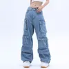 Women's Jeans Pocket Solid Color Overalls Jean's Y2K Street Retro Loose WideLeg Couple Casual Joker Mopping Pant 231122